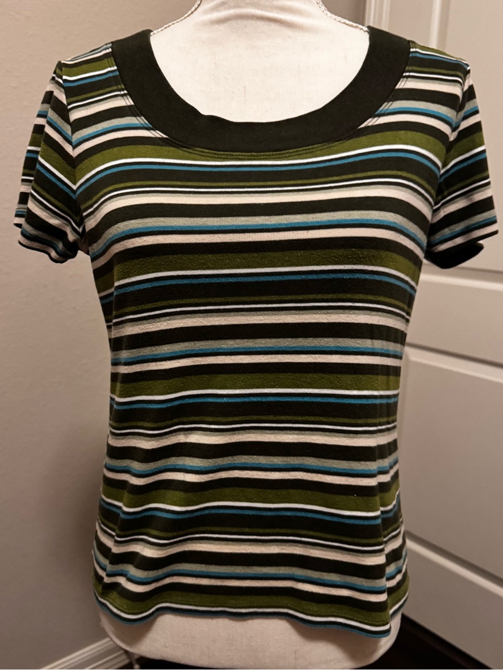 Erika Women’s Olive and Blue Striped Shirt Size Medium